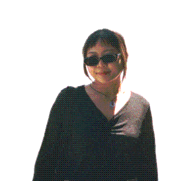 A dithered photo of Irish in black sunglasses. She is having a good day.